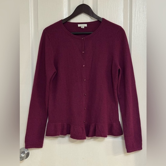Garnet Hill 100% Cashmere Ruffle Hem Cardigan Sweater Burgundy Women’s Size L - Picture 2 of 10